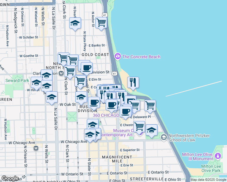 map of restaurants, bars, coffee shops, grocery stores, and more near in Chicago