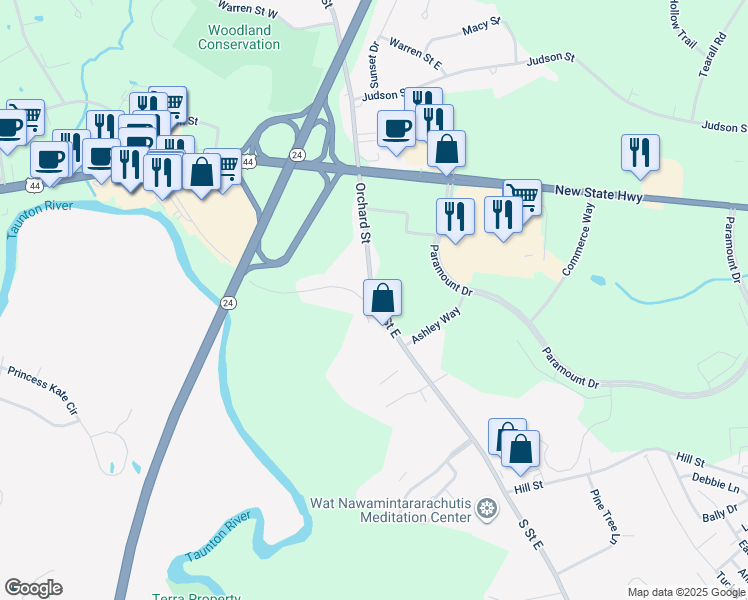 map of restaurants, bars, coffee shops, grocery stores, and more near 866 Orchard Street in Raynham