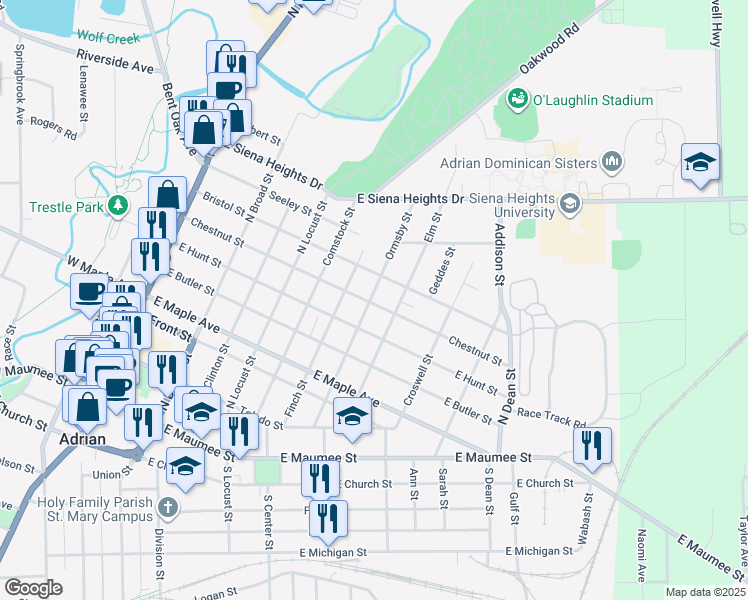 map of restaurants, bars, coffee shops, grocery stores, and more near 710 Bristol Street in Adrian
