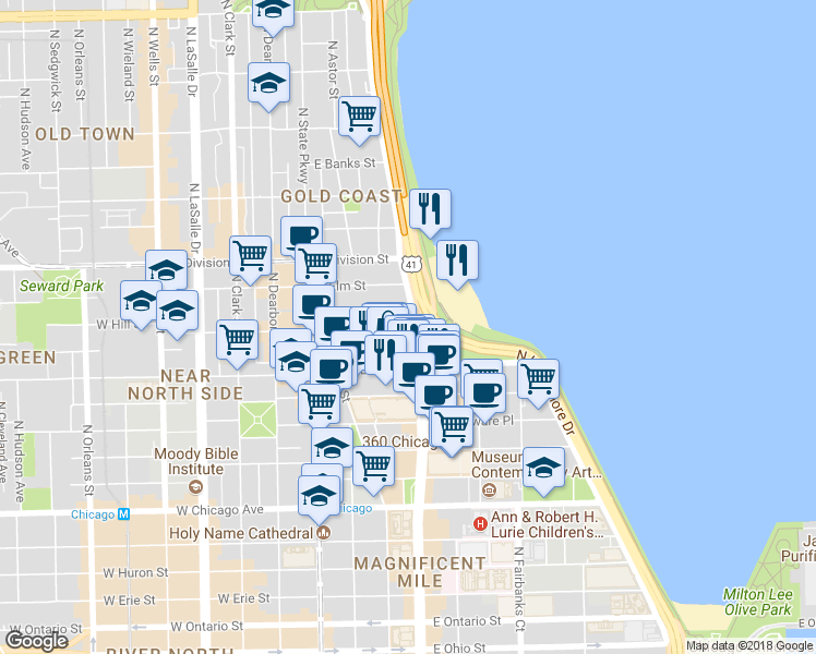 map of restaurants, bars, coffee shops, grocery stores, and more near in Chicago