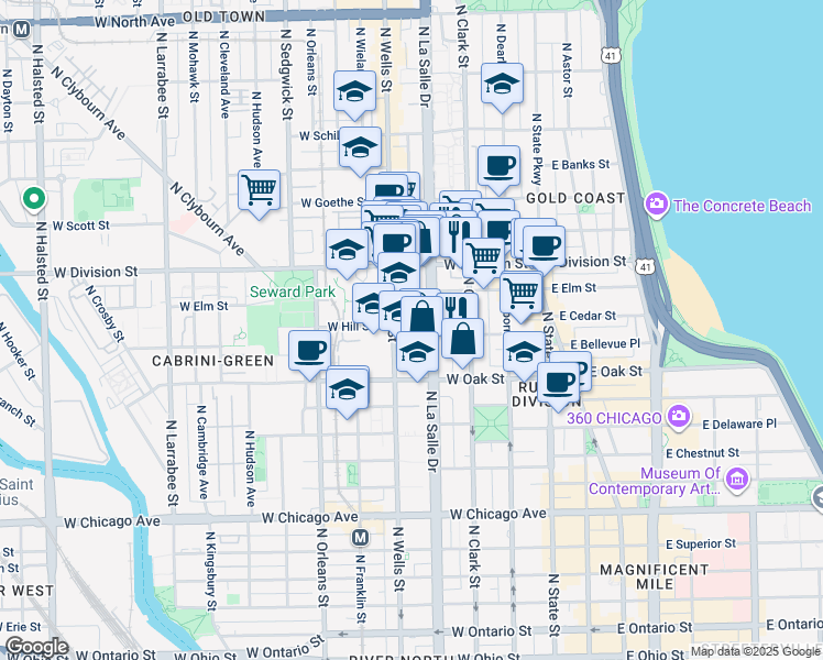 map of restaurants, bars, coffee shops, grocery stores, and more near in Chicago
