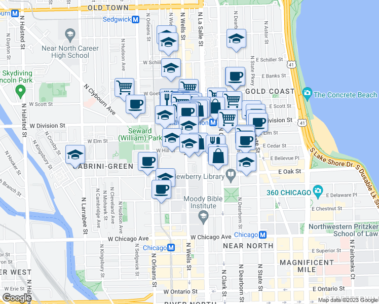 map of restaurants, bars, coffee shops, grocery stores, and more near in Chicago