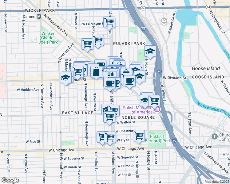 map of restaurants, bars, coffee shops, grocery stores, and more near in Chicago