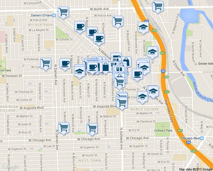 map of restaurants, bars, coffee shops, grocery stores, and more near 1104 North Marshfield Avenue in Chicago