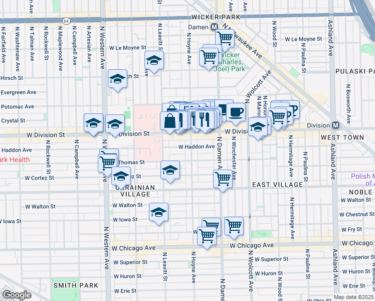 map of restaurants, bars, coffee shops, grocery stores, and more near 1139 North Hoyne Avenue in Chicago