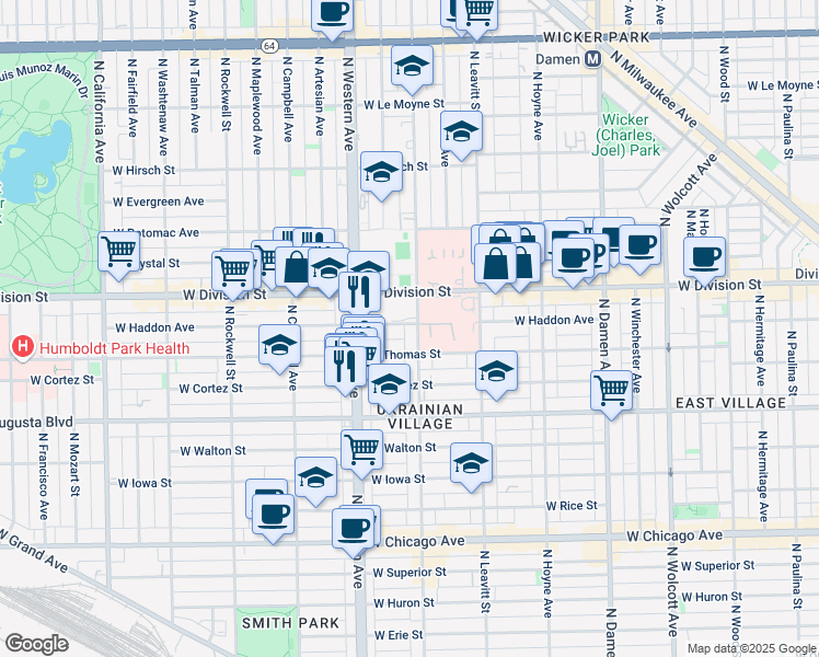 map of restaurants, bars, coffee shops, grocery stores, and more near 2235 West Division Street in Chicago