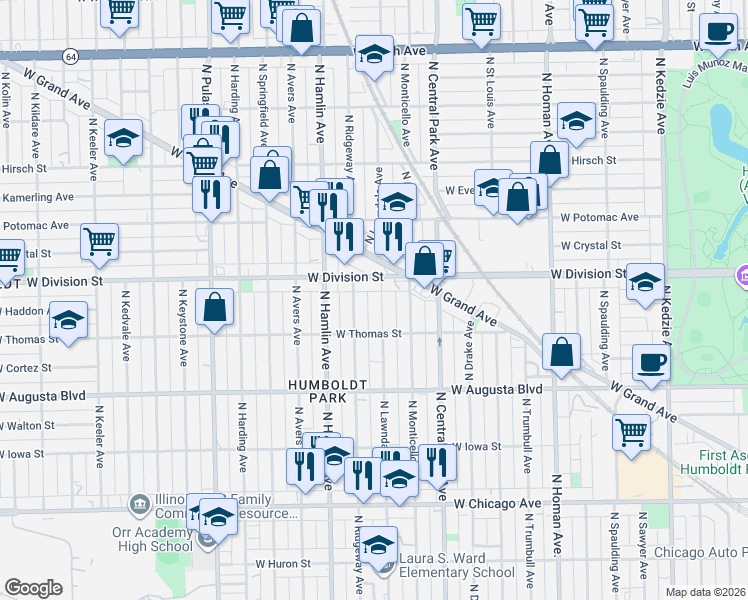 map of restaurants, bars, coffee shops, grocery stores, and more near 3725 West Division Street in Chicago
