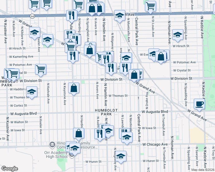 map of restaurants, bars, coffee shops, grocery stores, and more near 1188 North Hamlin Avenue in Chicago