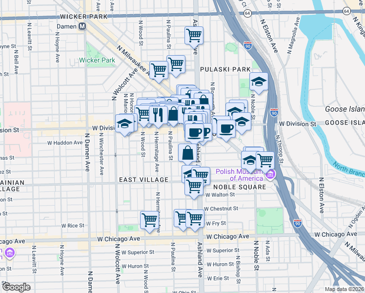 map of restaurants, bars, coffee shops, grocery stores, and more near 1104 North Marshfield Avenue in Chicago