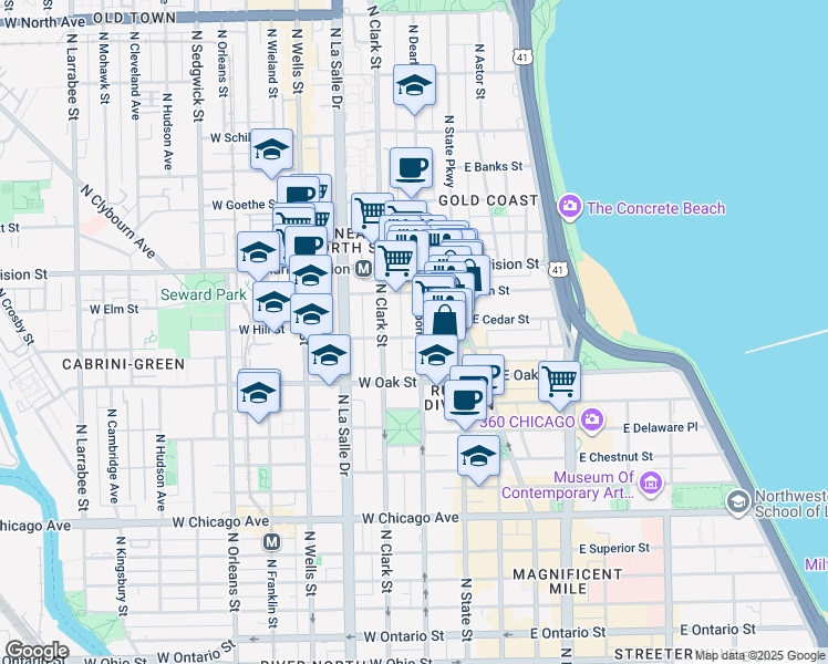 map of restaurants, bars, coffee shops, grocery stores, and more near 1100 North Dearborn Street in Chicago