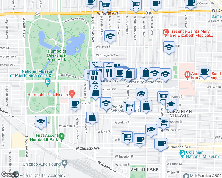 map of restaurants, bars, coffee shops, grocery stores, and more near N Washtenaw Ave & W Haddon Ave in Chicago