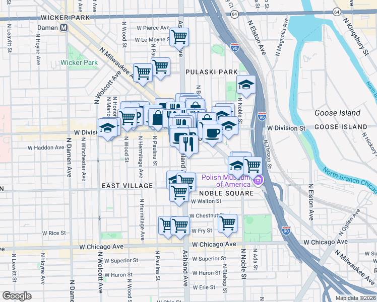 map of restaurants, bars, coffee shops, grocery stores, and more near 1132 North Ashland Avenue in Chicago