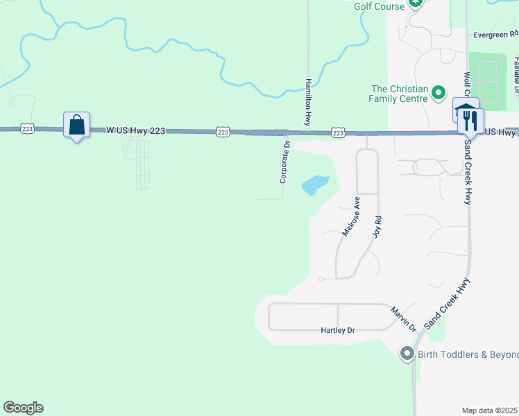 map of restaurants, bars, coffee shops, grocery stores, and more near 1200 Corporate Drive in Adrian