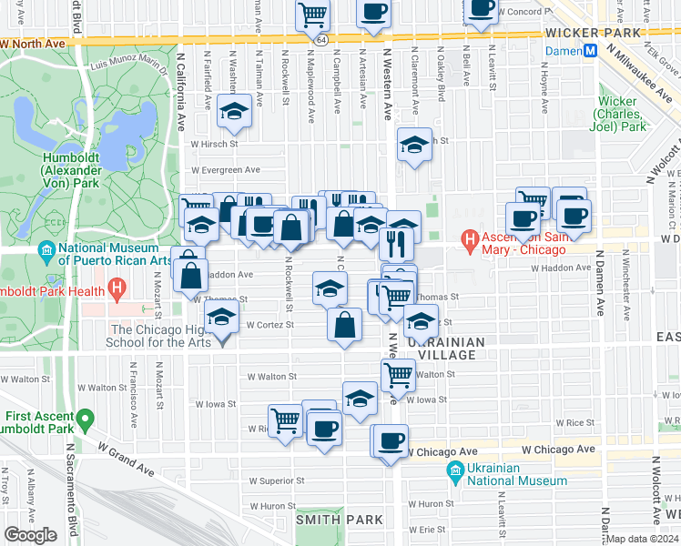 map of restaurants, bars, coffee shops, grocery stores, and more near N Campbell Ave & W Haddon Ave in Chicago