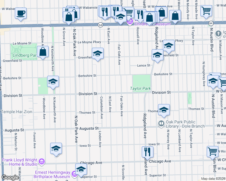 map of restaurants, bars, coffee shops, grocery stores, and more near 917 Fair Oaks Avenue in Oak Park