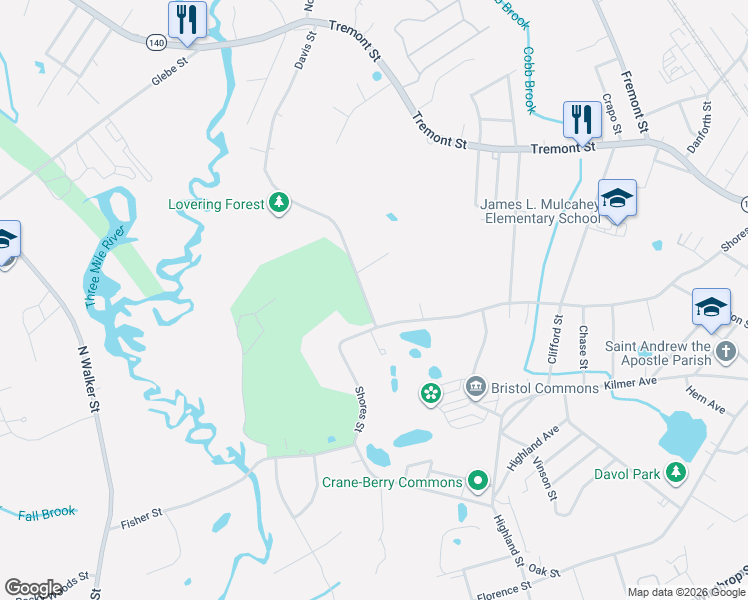 map of restaurants, bars, coffee shops, grocery stores, and more near 56 Davis Street in Taunton