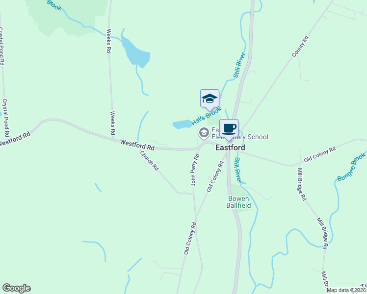map of restaurants, bars, coffee shops, grocery stores, and more near 20 Westford Road in Eastford