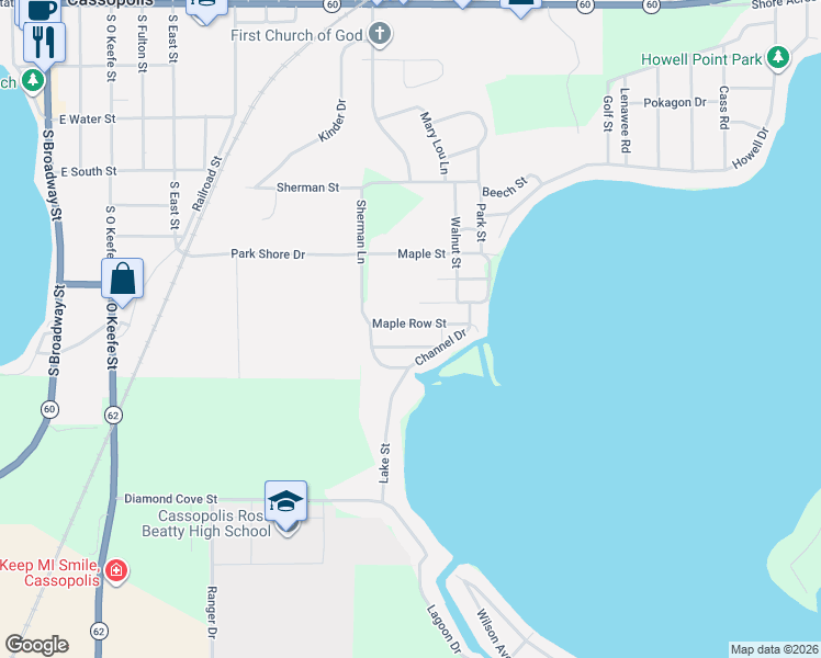 map of restaurants, bars, coffee shops, grocery stores, and more near 22382 Maple Row Street in Cassopolis