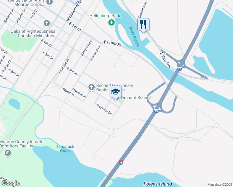 map of restaurants, bars, coffee shops, grocery stores, and more near 1750 Oak Street in Monroe