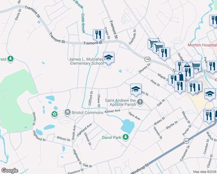map of restaurants, bars, coffee shops, grocery stores, and more near 71 Shores Street in Taunton