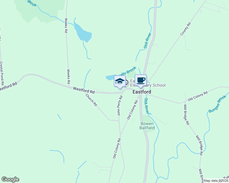 map of restaurants, bars, coffee shops, grocery stores, and more near 20 Westford Road in Eastford