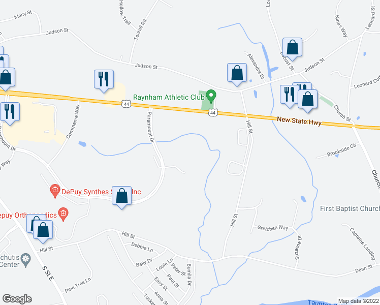 map of restaurants, bars, coffee shops, grocery stores, and more near 571 Paramount Drive in Raynham