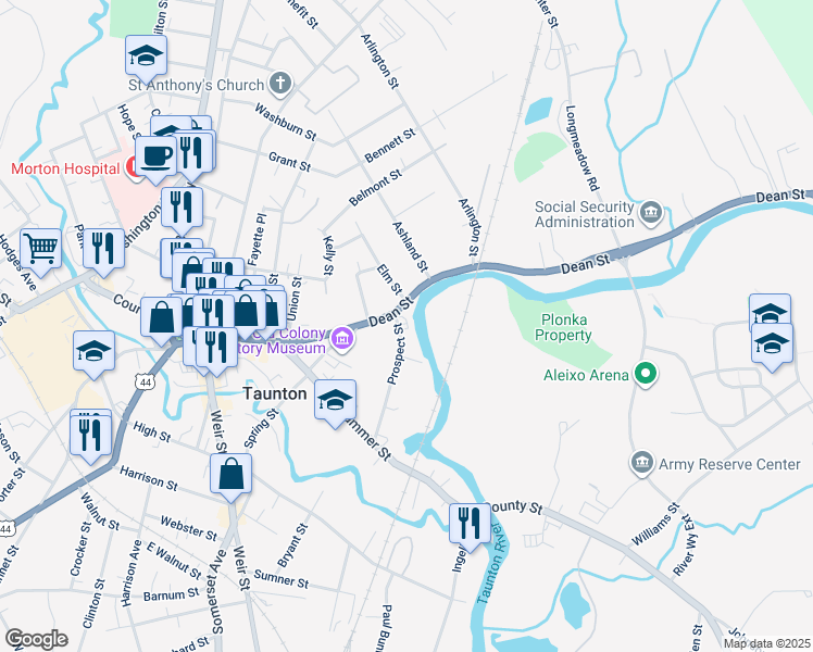 map of restaurants, bars, coffee shops, grocery stores, and more near 9 Dean Street in Taunton