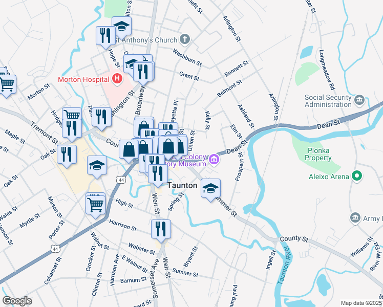 map of restaurants, bars, coffee shops, grocery stores, and more near 18 Union Street in Taunton
