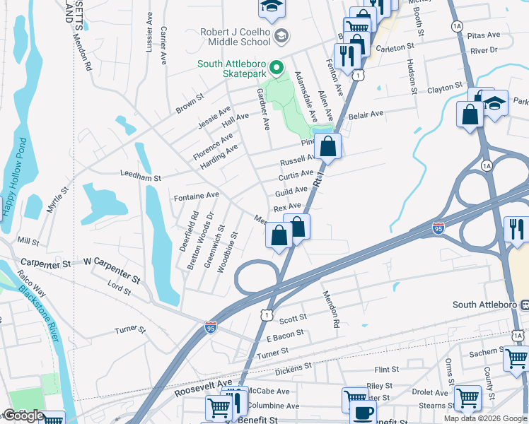 map of restaurants, bars, coffee shops, grocery stores, and more near 441 Robinson Avenue in Attleboro