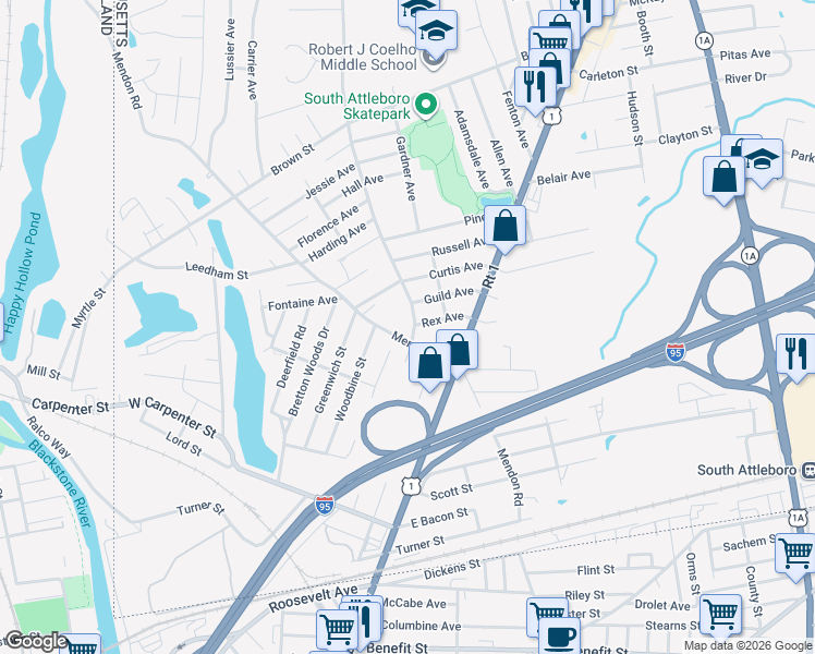 map of restaurants, bars, coffee shops, grocery stores, and more near 441 Robinson Avenue in Attleboro