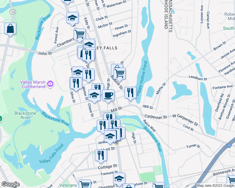 map of restaurants, bars, coffee shops, grocery stores, and more near 42 Abbott Street in Cumberland