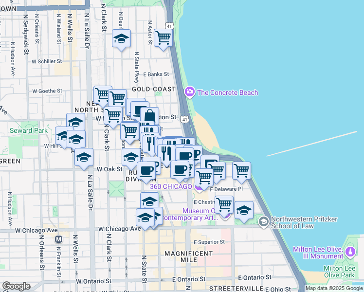 map of restaurants, bars, coffee shops, grocery stores, and more near 70 East Cedar Street in Chicago