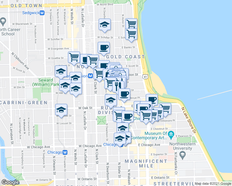 map of restaurants, bars, coffee shops, grocery stores, and more near 1031 North State Street in Chicago