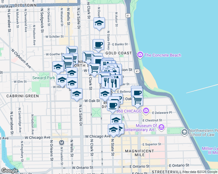 map of restaurants, bars, coffee shops, grocery stores, and more near 1031 North State Street in Chicago