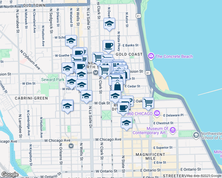 map of restaurants, bars, coffee shops, grocery stores, and more near 24 West Maple Street in Chicago