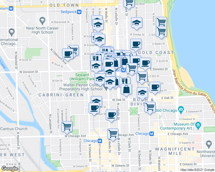 map of restaurants, bars, coffee shops, grocery stores, and more near in Chicago