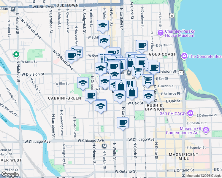 map of restaurants, bars, coffee shops, grocery stores, and more near in Chicago