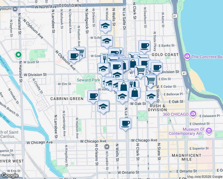 map of restaurants, bars, coffee shops, grocery stores, and more near in Chicago