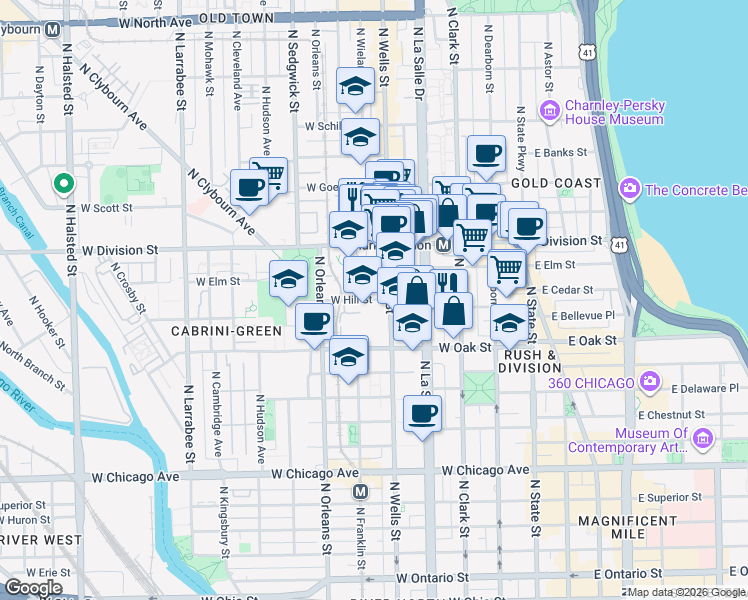 map of restaurants, bars, coffee shops, grocery stores, and more near in Chicago