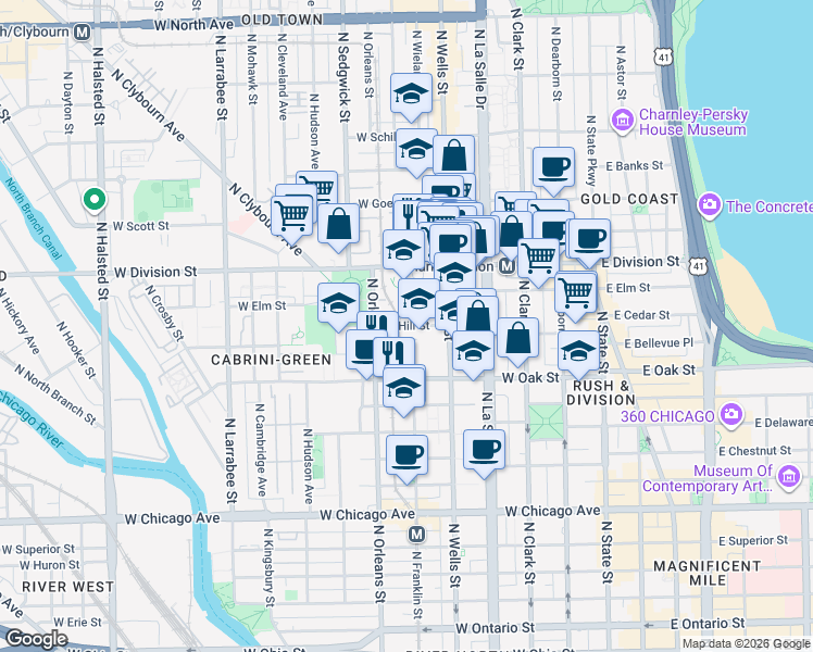 map of restaurants, bars, coffee shops, grocery stores, and more near 321 West Hill Street in Chicago