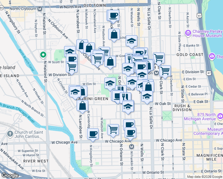 map of restaurants, bars, coffee shops, grocery stores, and more near 420 West Elm Street in Chicago