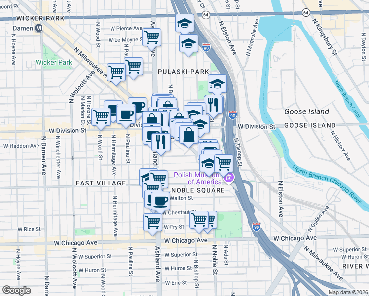 map of restaurants, bars, coffee shops, grocery stores, and more near 1127a North Milwaukee Avenue in Chicago