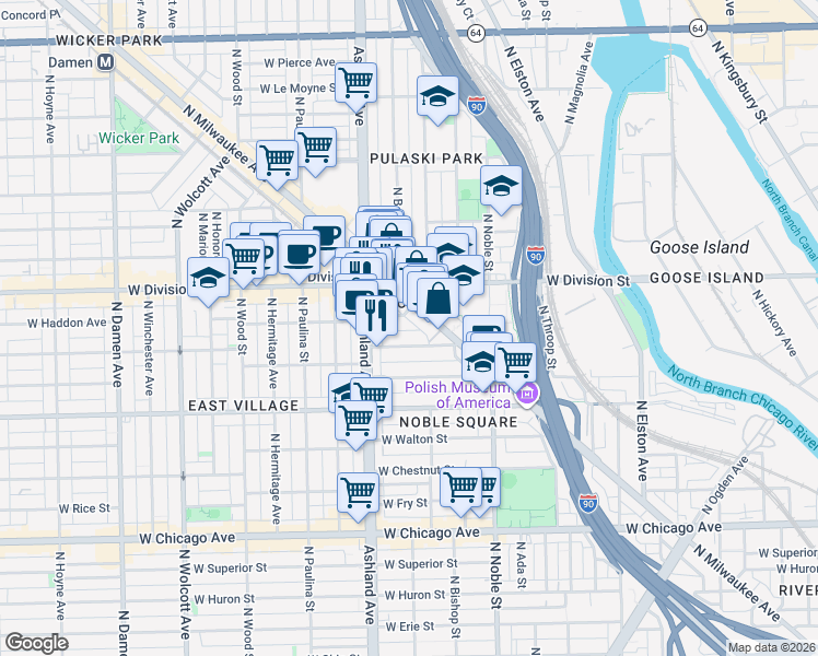 map of restaurants, bars, coffee shops, grocery stores, and more near 1515 West Haddon Avenue in Chicago