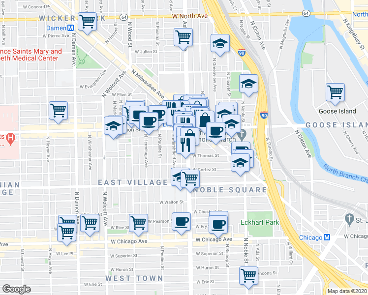 map of restaurants, bars, coffee shops, grocery stores, and more near 1132 North Ashland Avenue in Chicago