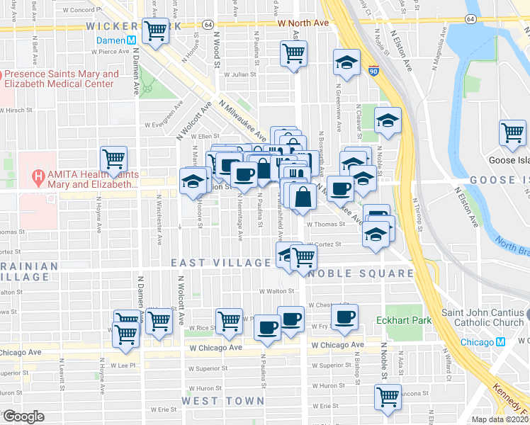 map of restaurants, bars, coffee shops, grocery stores, and more near 1104 North Marshfield Avenue in Chicago