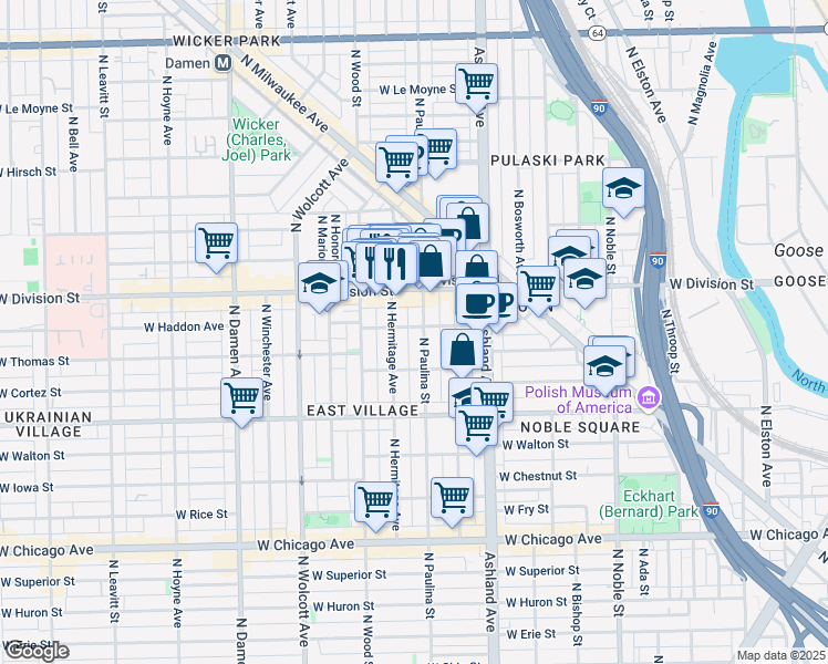map of restaurants, bars, coffee shops, grocery stores, and more near 1712 West Haddon Avenue in Chicago