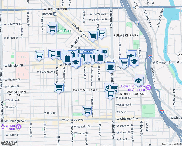 map of restaurants, bars, coffee shops, grocery stores, and more near 1133 North Wood Street in Chicago