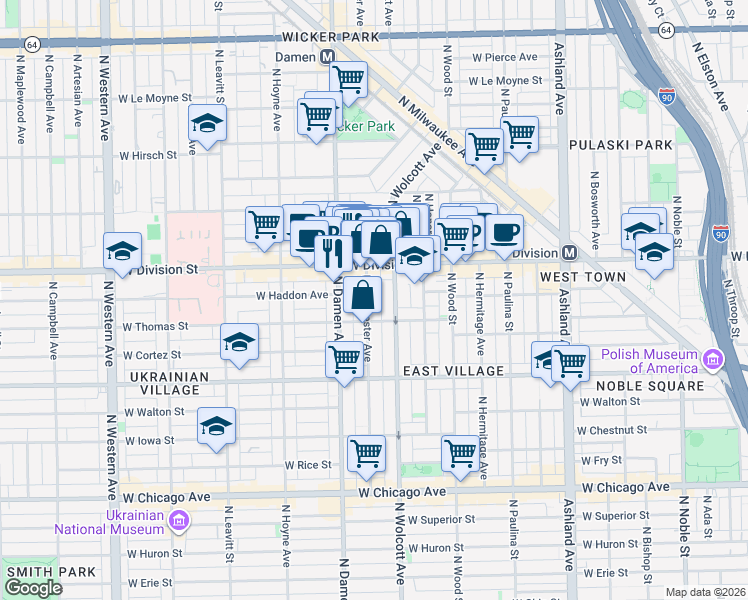 map of restaurants, bars, coffee shops, grocery stores, and more near 1138 North Wolcott Avenue in Chicago
