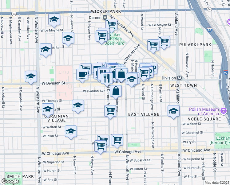 map of restaurants, bars, coffee shops, grocery stores, and more near 1138 North Winchester Avenue in Chicago