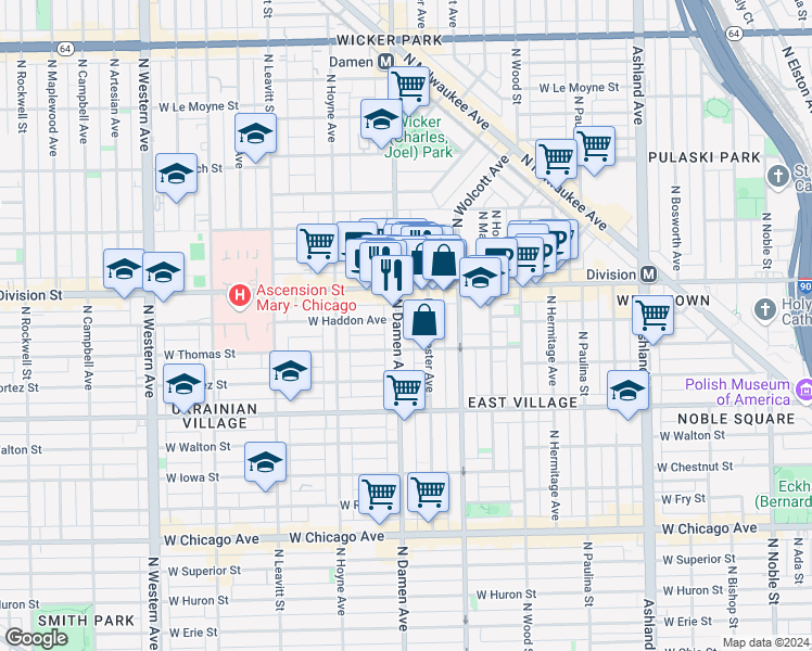 map of restaurants, bars, coffee shops, grocery stores, and more near 1138 North Winchester Avenue in Chicago